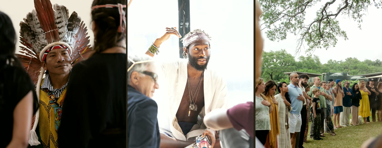 Three moments at AUREA: a Yawanawá leader in a feathered headdress, a blessing given hand to head, and the whole gathering standing in a circle with hands on hearts.