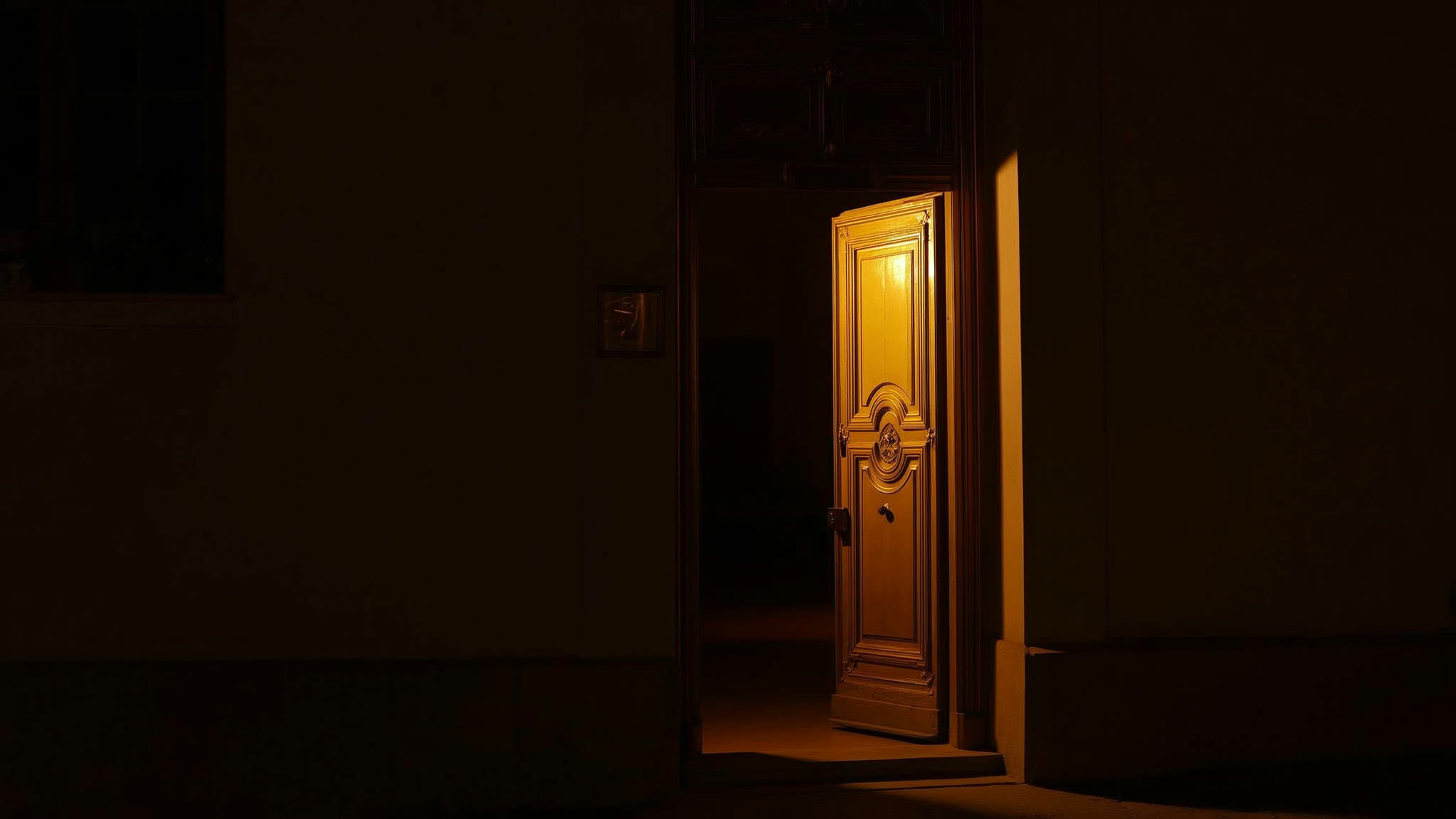 A doorway at night with warm light spilling from one side into a dark hallway.