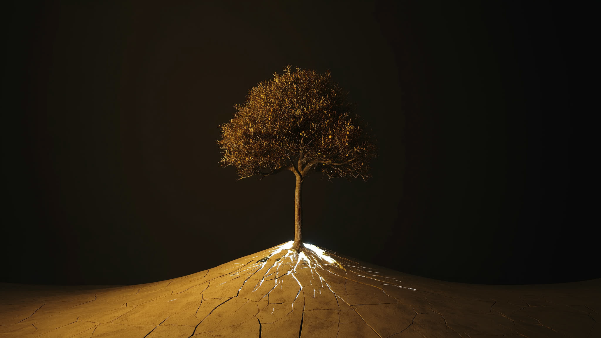 An ancient tree growing out of cracked stone with first light breaking behind it.