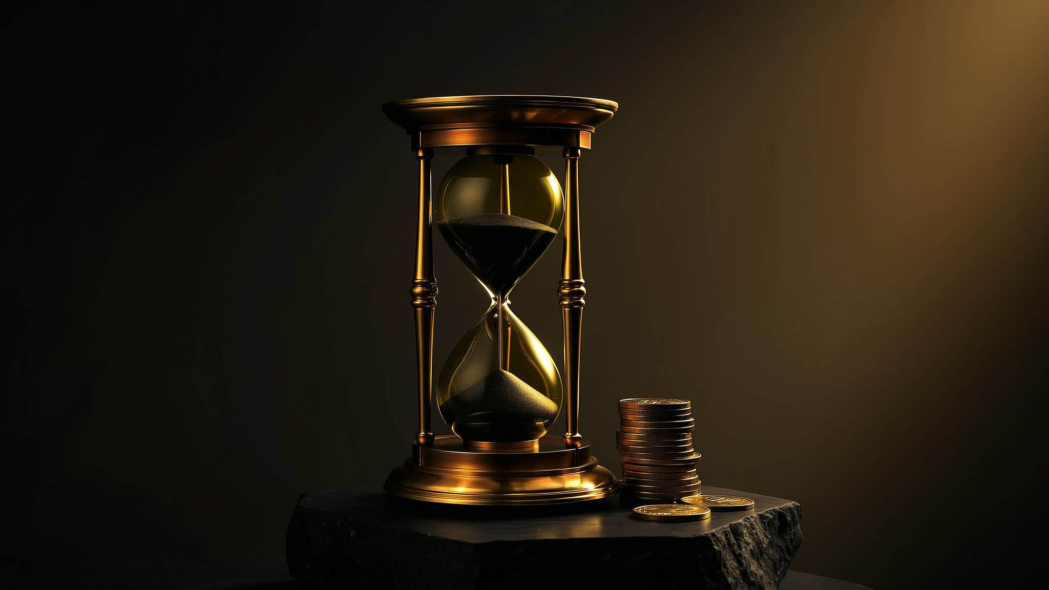 An antique hourglass beside a small stack of coins on dark stone.